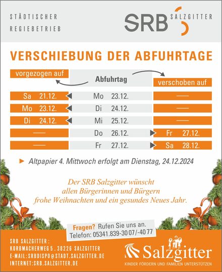 Übersicht der Abfuhrtage an Weihnachten.