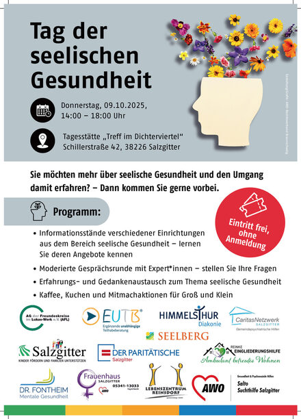 Der Sozialpsychiatrische Verbund der Stadt Salzgitter beteiligt sich in diesem Jahr an der bundesweiten Woche der seelischen Gesundheit mit einer Veranstaltung am Donnerstag, 9. Oktober. Informationen, Vorträge und Gesprächsrunden stehen unter anderem auf dem Programm.